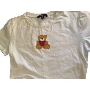 Papaya White Teddy Bear Heart Rhinestone Graphic cropped T- Shirt Women's Medium